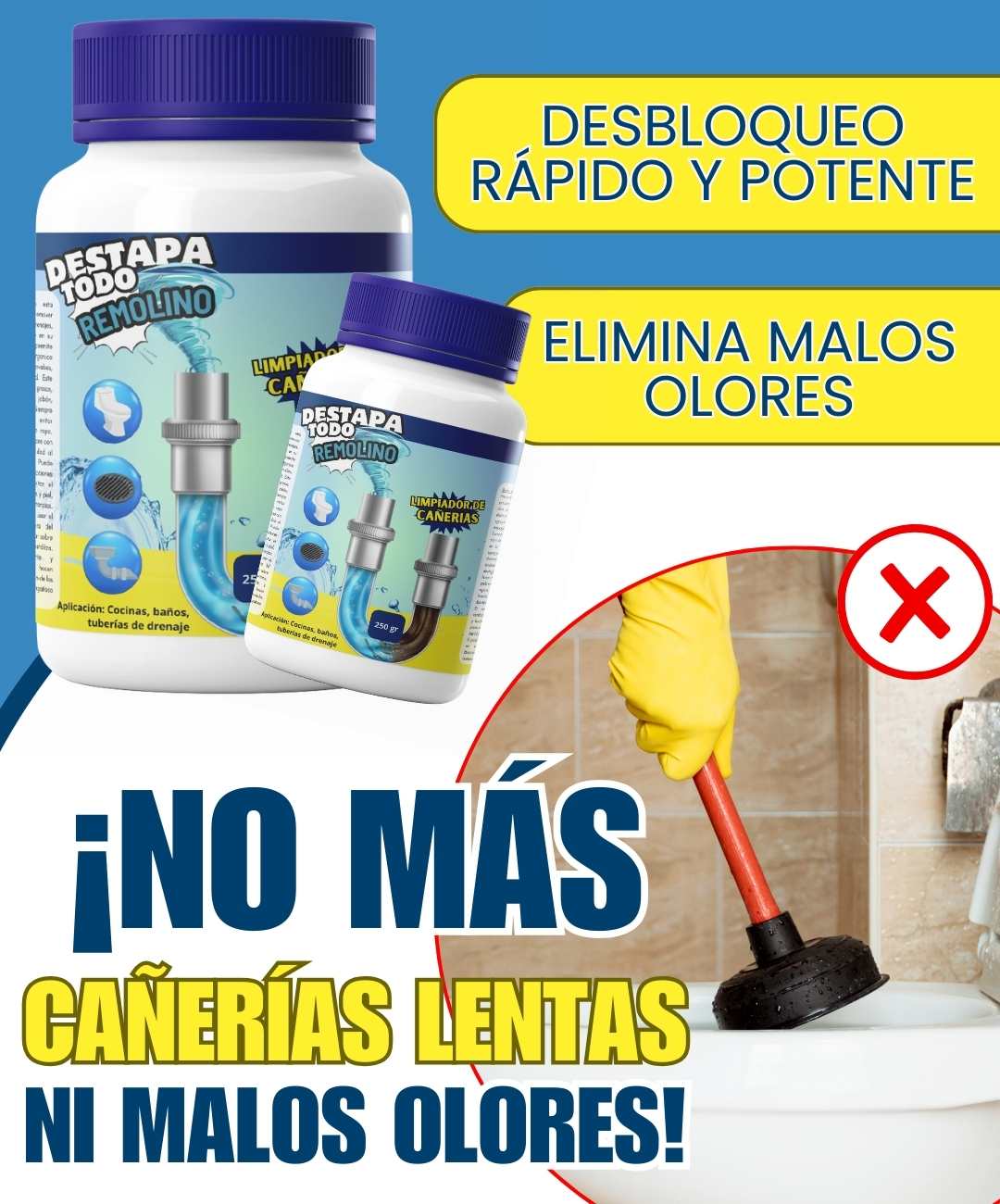 ¡REMOLINO DESTAPA-TODO™ 3x1 — Limpieza instantánea para tus tuberías!