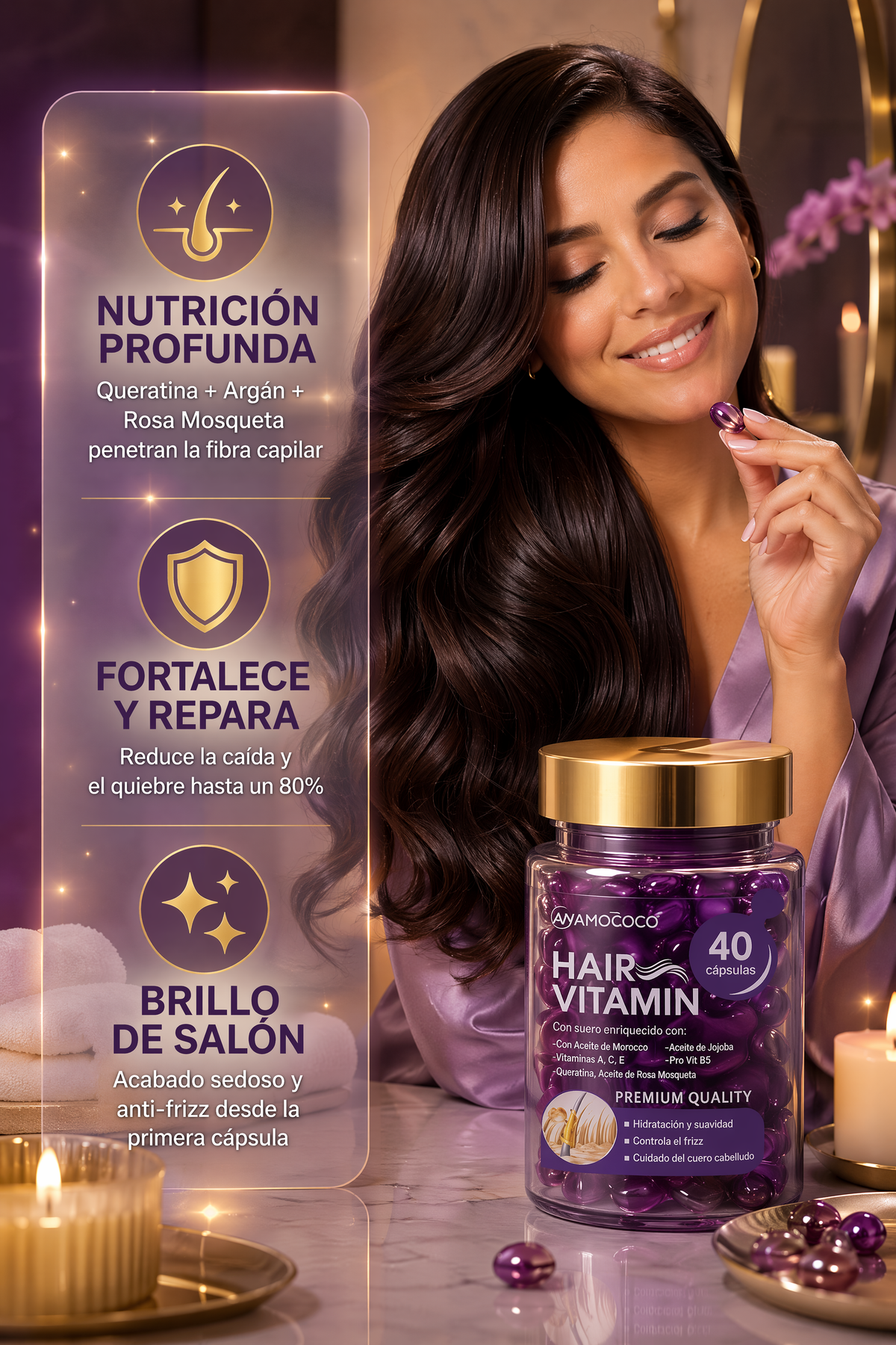 Cápsulas de Vitamina Capilar Amococo - Aceite Concentrado con Queratina, Argán y Rosa Mosqueta (40 Cápsulas)