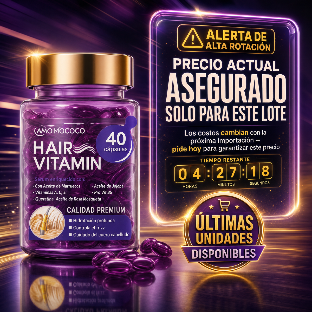 Cápsulas de Vitamina Capilar Amococo - Aceite Concentrado con Queratina, Argán y Rosa Mosqueta (40 Cápsulas)