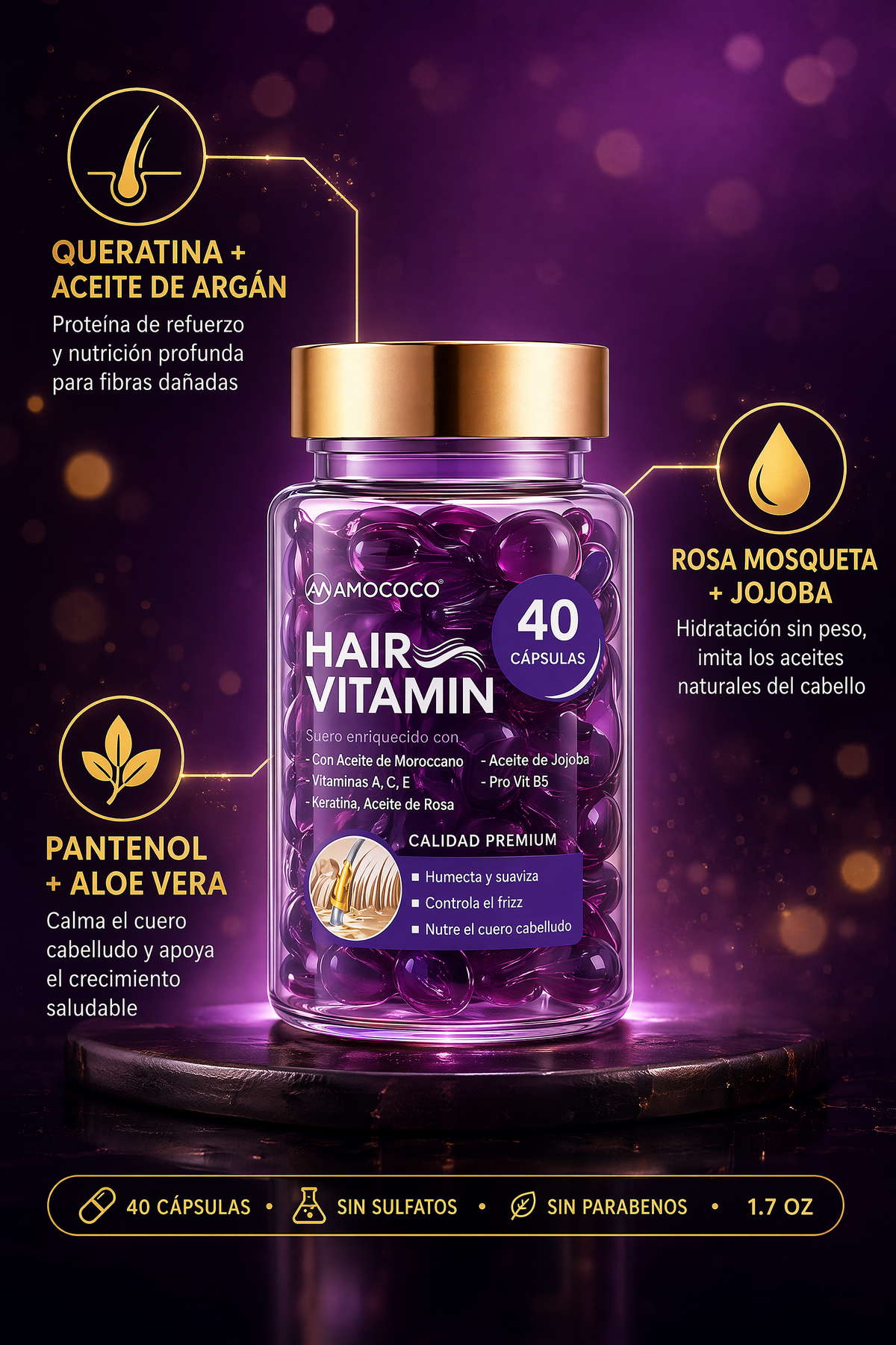 Cápsulas de Vitamina Capilar Amococo - Aceite Concentrado con Queratina, Argán y Rosa Mosqueta (40 Cápsulas)
