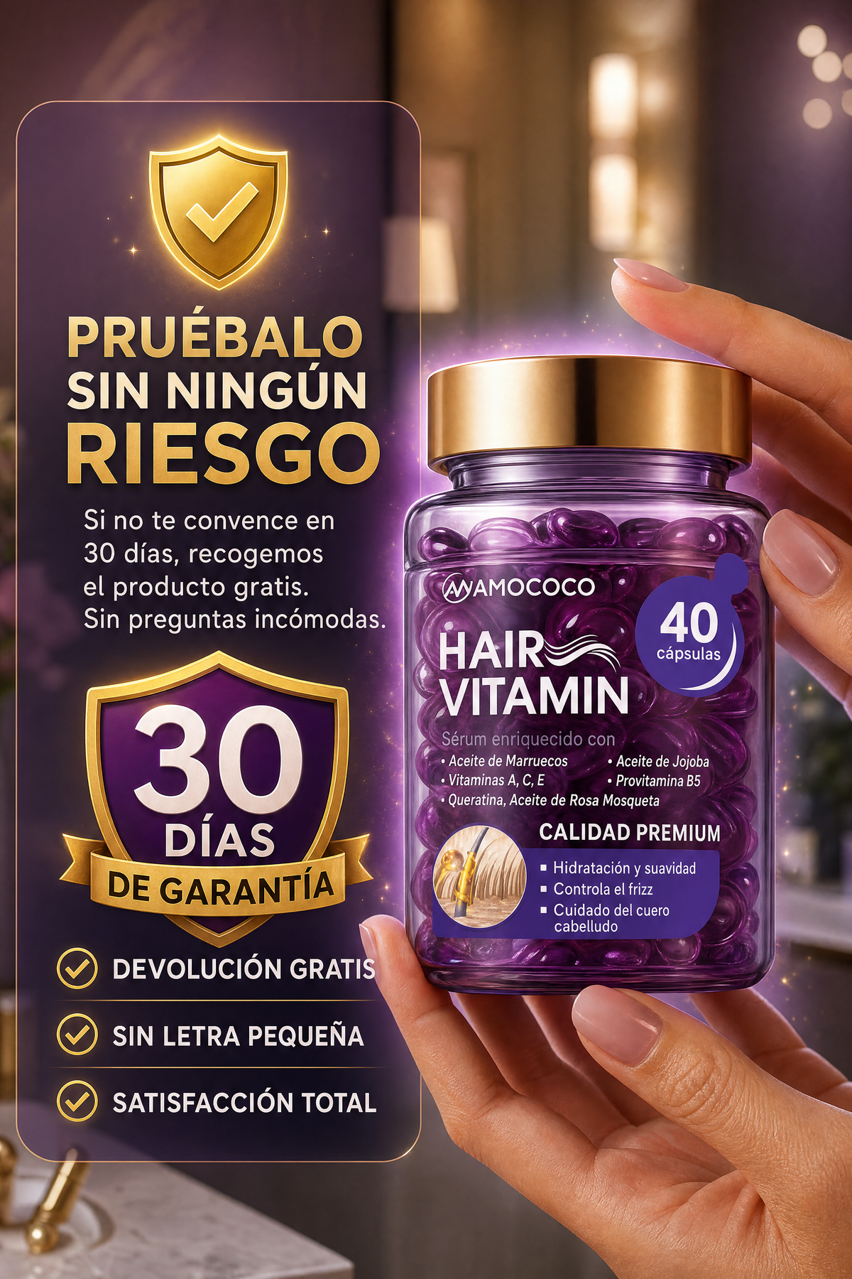 Cápsulas de Vitamina Capilar Amococo - Aceite Concentrado con Queratina, Argán y Rosa Mosqueta (40 Cápsulas)