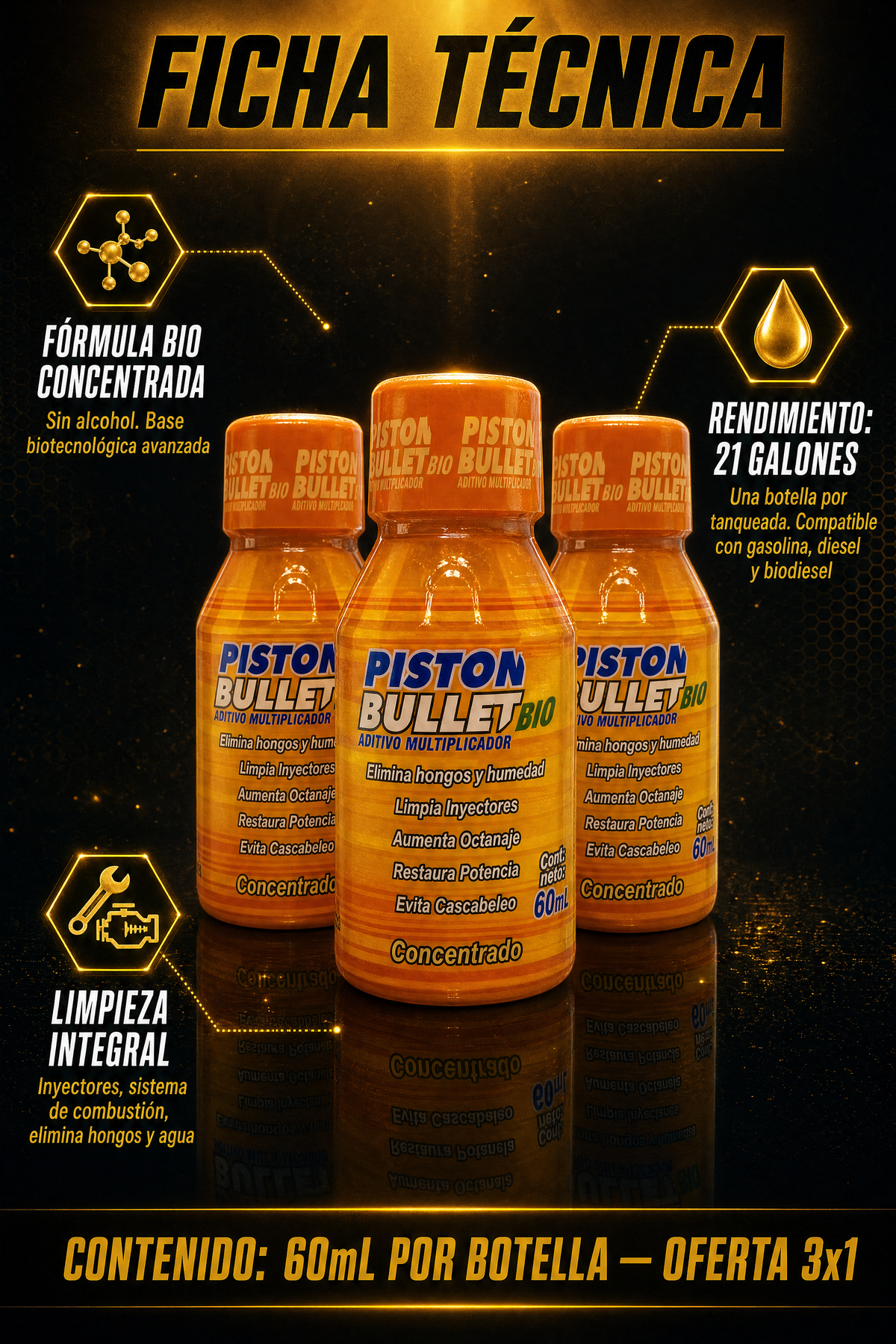 Piston Bullet Bio � Aditivo de Gasolina 3x1 (3 Botellas al Precio de 1)