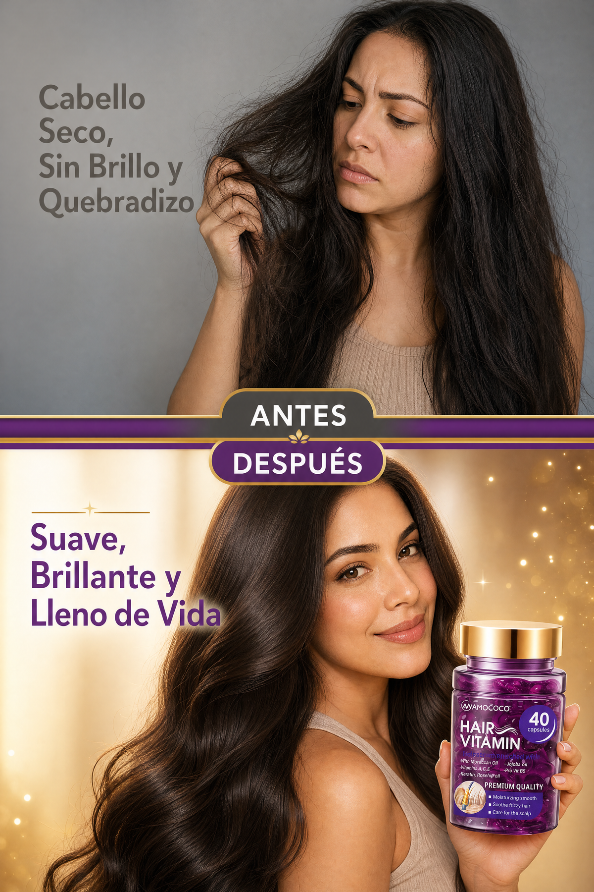 Cápsulas de Vitamina Capilar Amococo - Aceite Concentrado con Queratina, Argán y Rosa Mosqueta (40 Cápsulas)