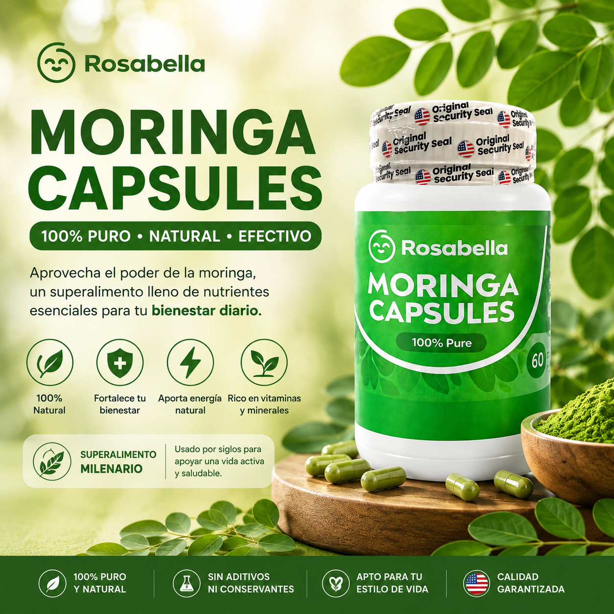Rosabella Moringa Capsules — Energía y Bienestar Natural